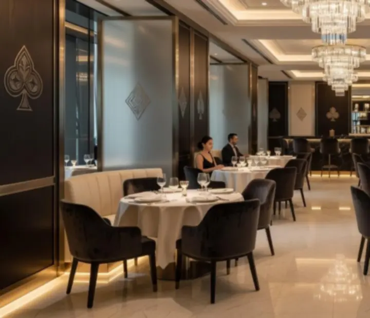Luksuzni interijer restorana u sklopu casino prostora s ambijentalnom rasvjetom