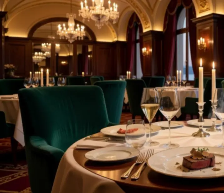 Cinematic prikaz luksuznog degustacijskog menija u sofisticiranom casino restoranu