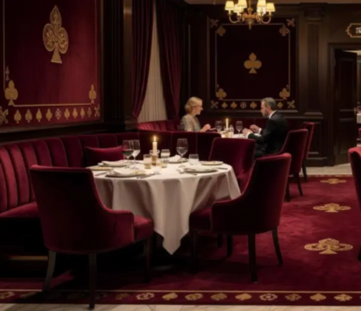Elegantna večernja atmosfera u casino restoranu s luksuzno serviranom večerom