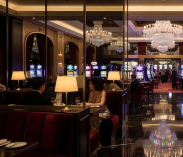 Pogled kroz prozor restorana na osvijetljeni casino prostor