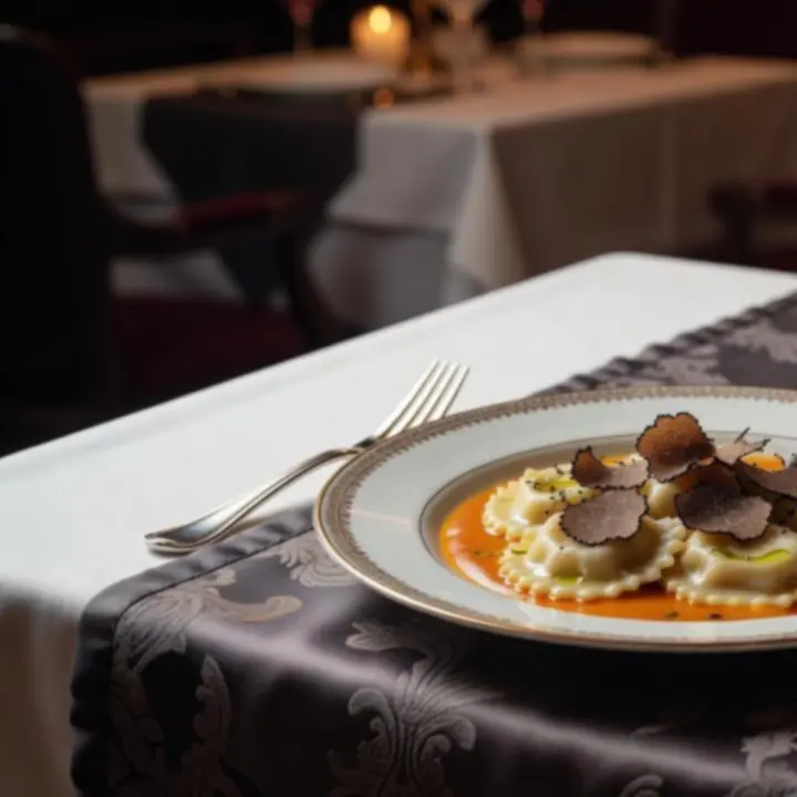 Ručni ravioli s crnim tartufima i bisque umakom na elegantnom tanjuru