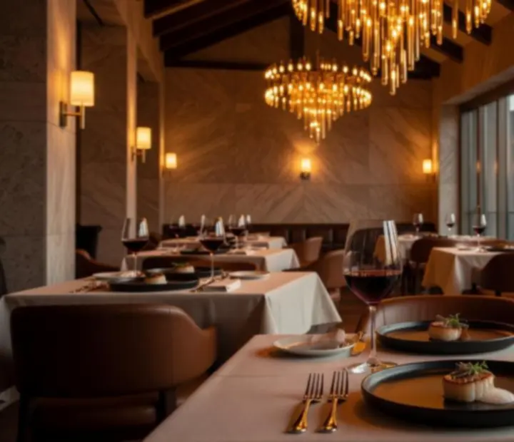 Atmosferska fotografija luksuznog restorana s naglaskom na osvjetljenje i detalje stola.