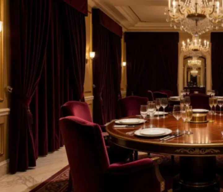 Luksuzna VIP privatna blagovaonica s intimnim osvjetljenjem i elegantno postavljenim stolom.